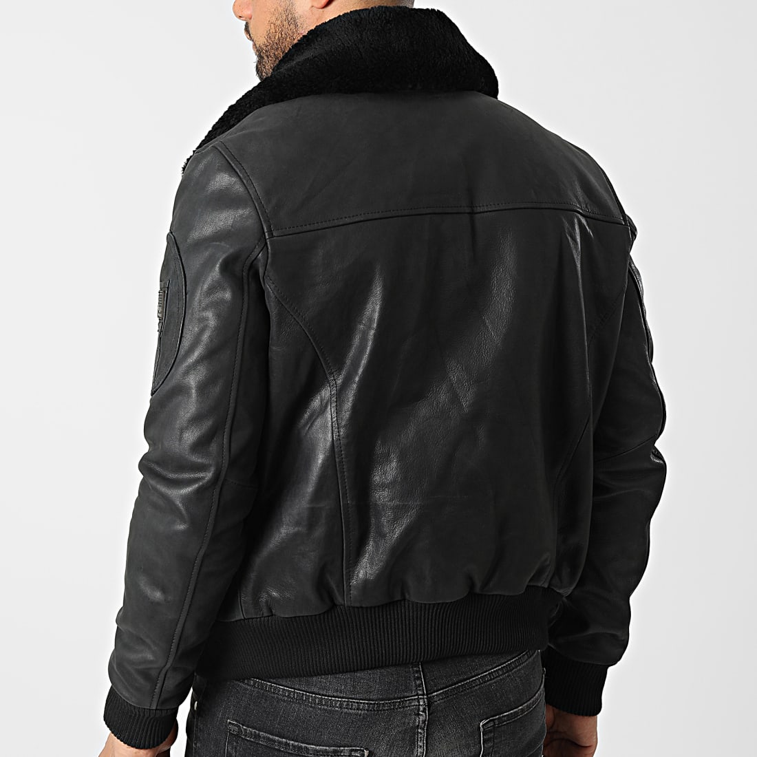 Redskins Veste Cuir Col Fourrure Commander Striking Noir