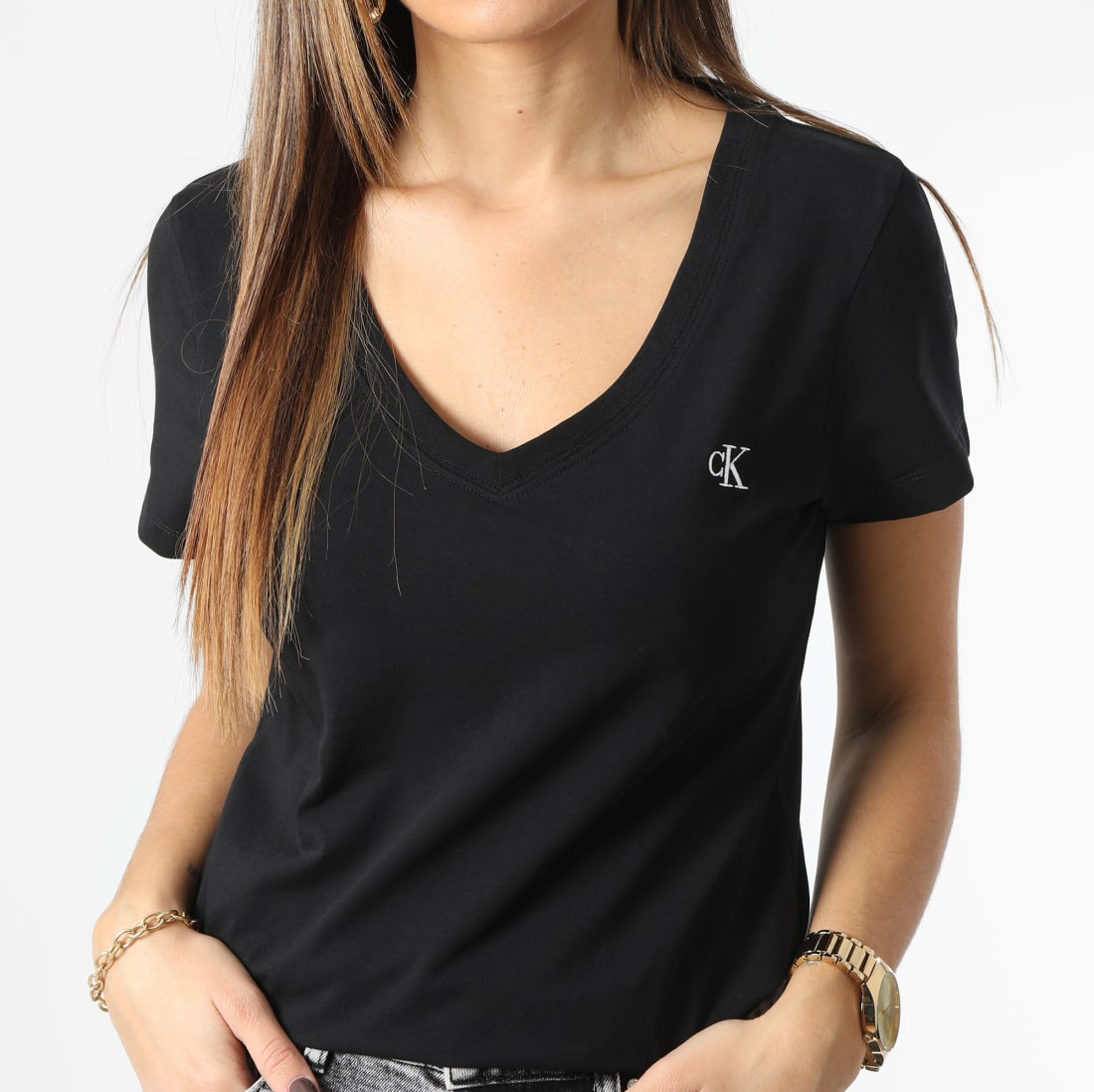 Calvin Klein - Tee Shirt Slim Femme Col V Embroidery Stretch 3716