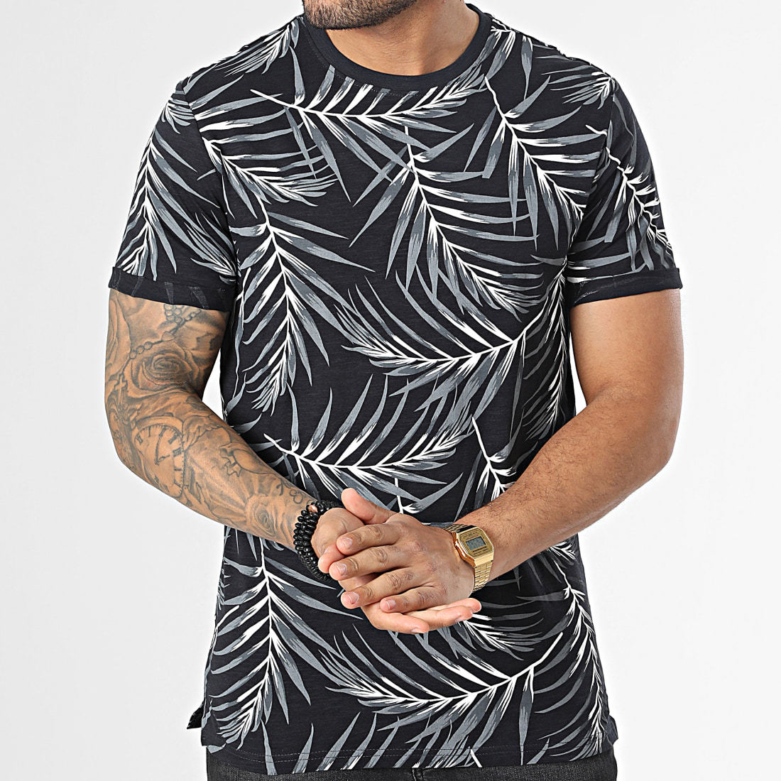 Only And Sons Tee Shirt Floral Ason Slim Noir Gris