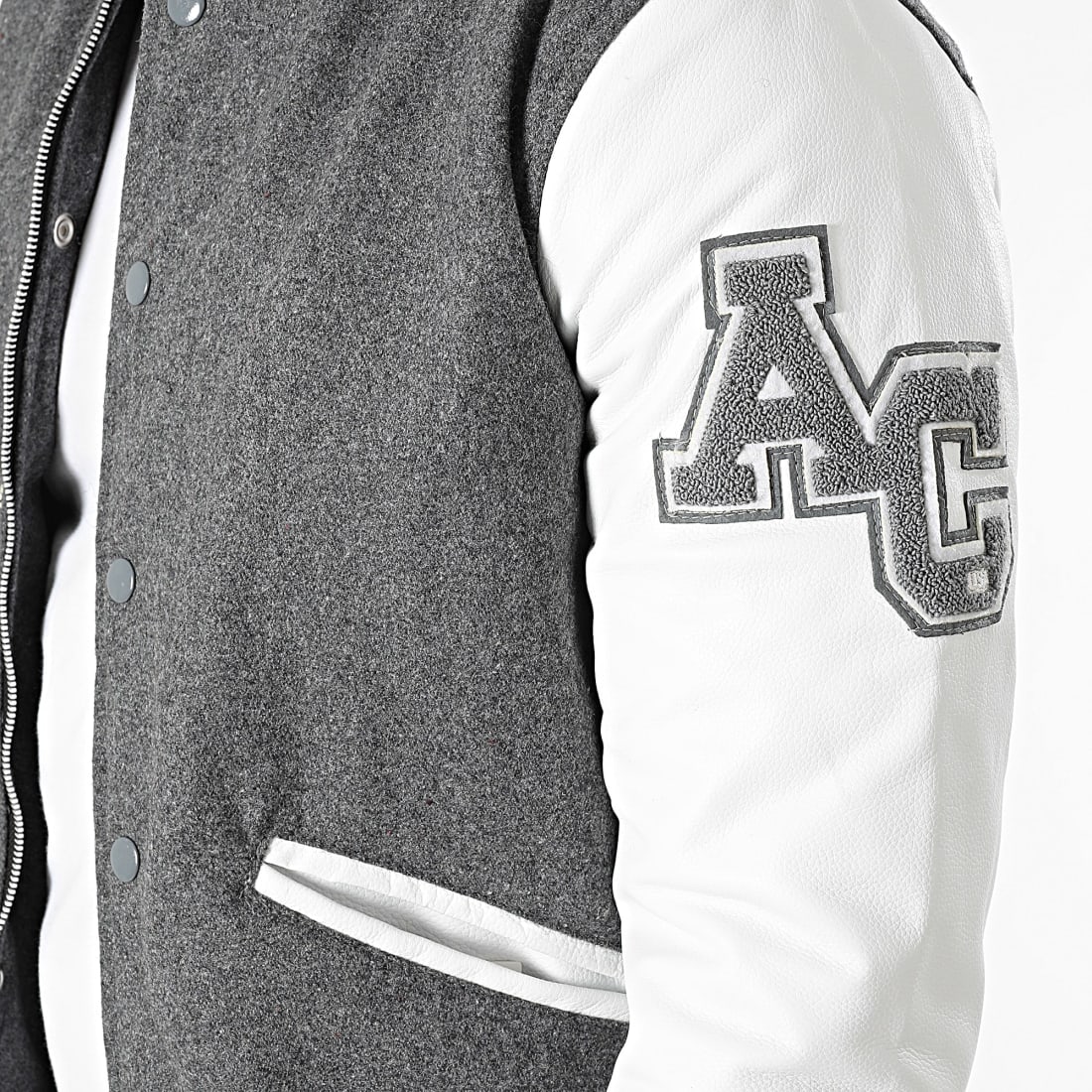 American College Veste Teddy Cuir Gris Chin Blanc