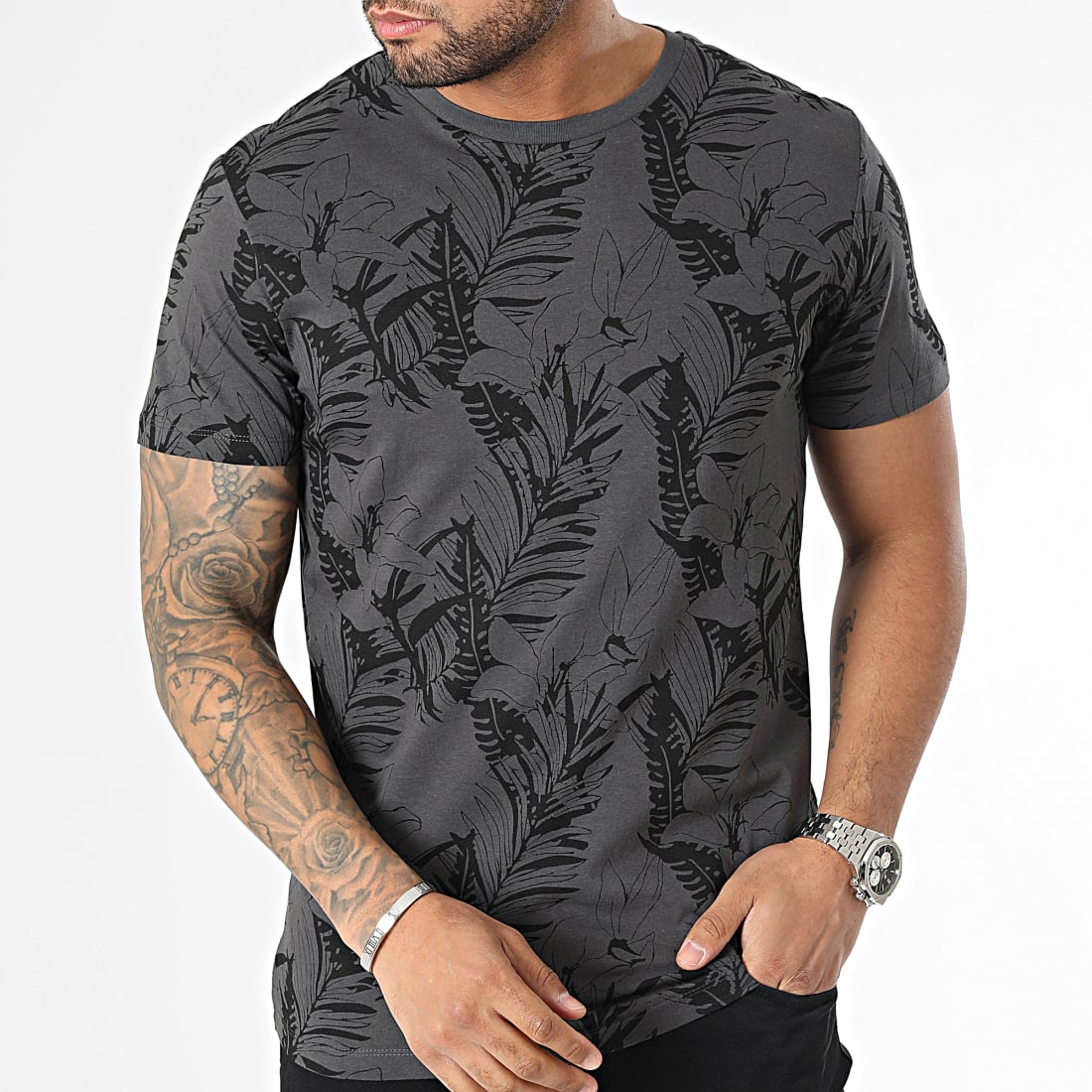 Jack And Jones Tee Shirt Tropicana Gris Anthracite Floral