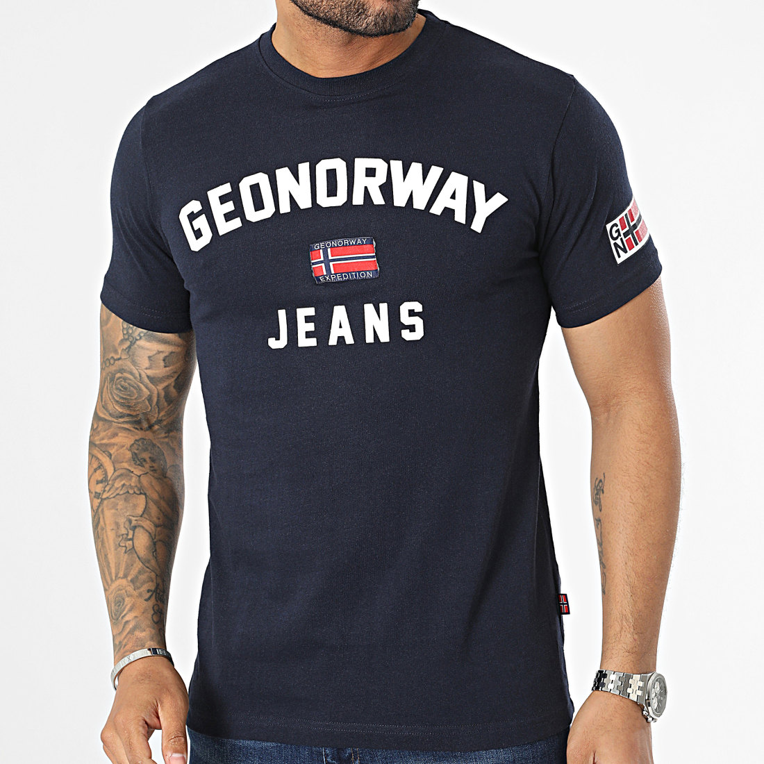 Geographical Norway Japigal Men - Camiseta De Algodón Para Hombre - Camisetas Con Logo Clásico - Camiseta De Manga Corta Con Cuello En V Para Hombre (Naranja M