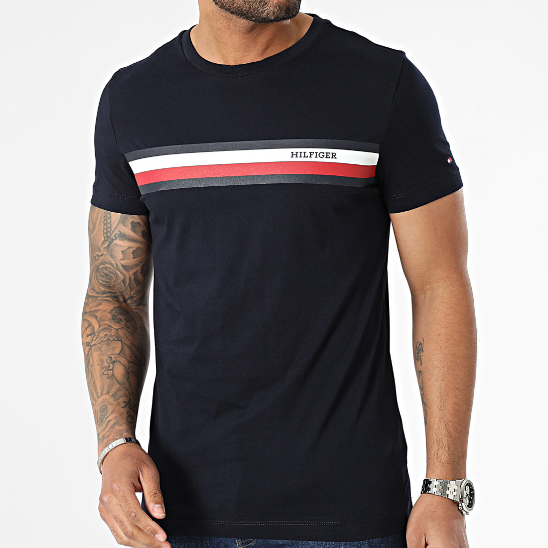 Tommy Hilfiger Tee Shirt Rwb Monotype Chest Stripe 2119 Bleu Marine