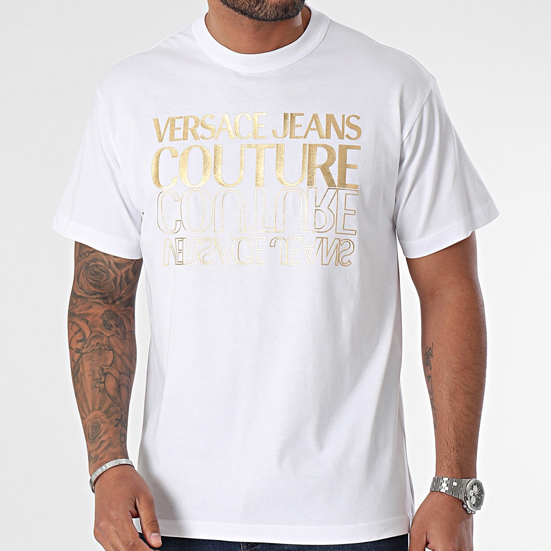 white and gold t shirt