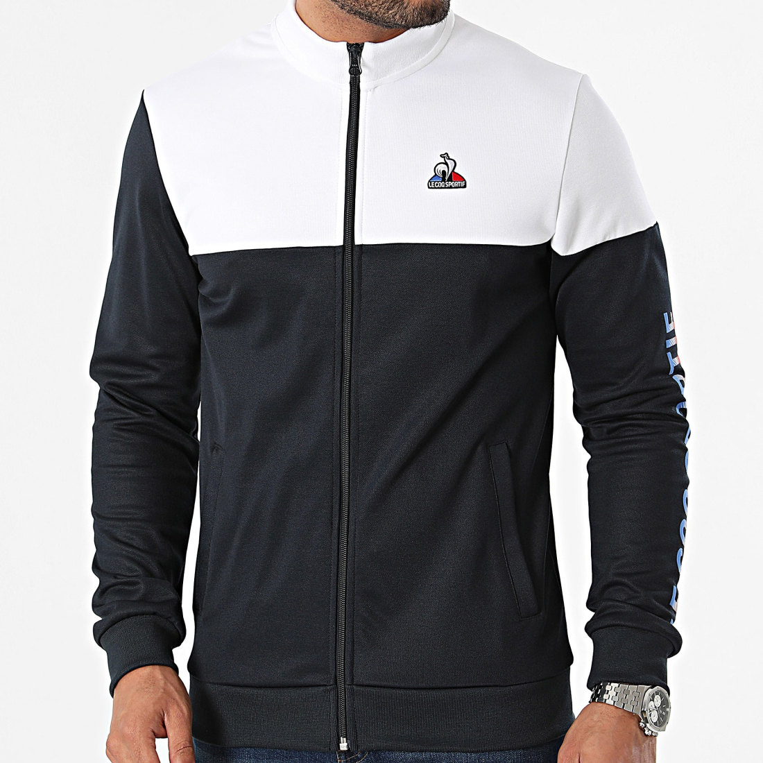Le Coq Sportif - Veste Zipp?�e New Optica 2410208 Blanc Bleu Marine - LaBoutiqueOfficielle.com
