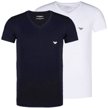  Emporio Armani - Lot De 2 Tee Shirts Emporio Armani V Neck Blanc Bleu Marine