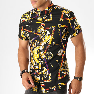 Frilivin Chemise Manches Courtes Floral DX2158 Noir Jaune LaBoutiqueOfficielle