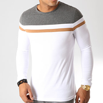  LBO - Tee Shirt Manches Longues Tricolore 844 Anthracite Blanc Camel