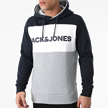  Jack And Jones - Sweat Capuche Logo Blocking Bleu Marine Gris Chiné Blanc