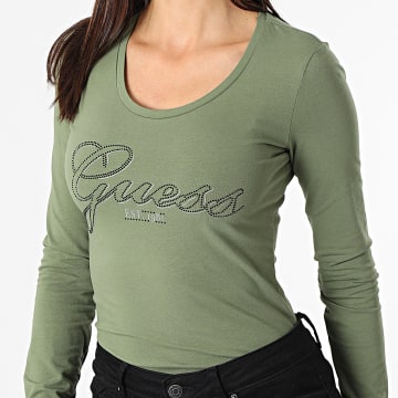  Guess - Tee Shirt Manches Longues Femme W1YI90 Vert Kaki
