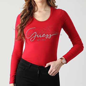  Guess - Tee Shirt Manches Longues Femme Strass W2RI32 Rouge Argenté