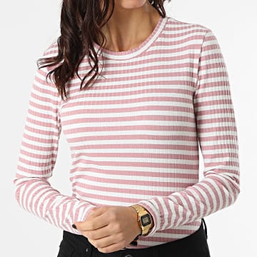  Only - Tee Shirt Manches Longues Femme Fransiska Rose Blanc