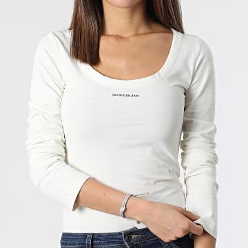  Calvin Klein - Tee Shirt Manches Longues Femme Micro Branding 7656 Beige