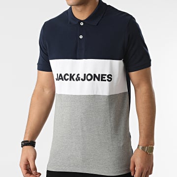  Jack And Jones - Polo Logo Blocking Bleu Marine Gris Chiné Blanc