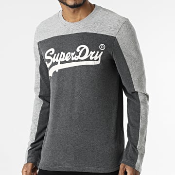  Superdry - Tee Shirt Manches Longues College Vintage Logo Gris Chiné Gris Anthracite Chiné
