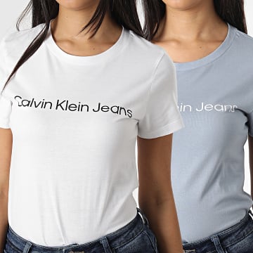  Calvin Klein - Lot De 2 Tee Shirts Femme 0161 Blanc Bleu Ciel