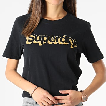  Superdry - Tee Shirt Femme Vintage Classic Metallic Noir Doré