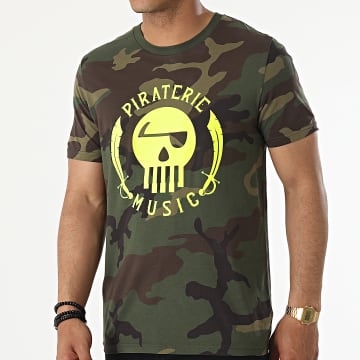  Piraterie Music - Tee Shirt Camouflage Logo Vert Kaki Jaune Fluo