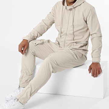 Ikao - LL602 Set giacca con zip e pantaloni da jogging con cappuccio beige