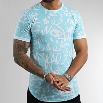  LBO - Tee Shirt Oversize Imprimé Avec Revers 2474 Graffiti Bleu Pastel