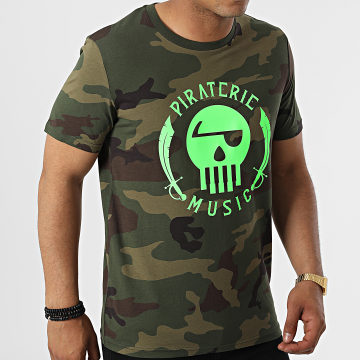  Piraterie Music - Tee Shirt Logo Camouflage Kaki Vert Fluo