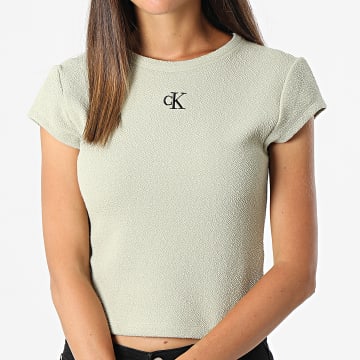  Calvin Klein - Tee Shirt Femme Crop Slub RIB Fitted 9126 Vert Kaki