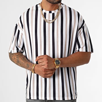  LBO - Tee Shirt Oversize Large A Rayures 2685 Noir Blanc Beige