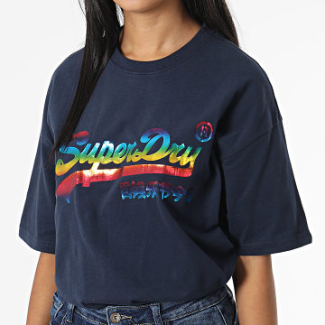  Superdry - Tee Shirt Femme Vintage Logo Rainbow Bleu Marine