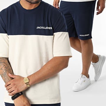  Jack And Jones - Ensemble Tee Shirt Et Short Jogging Color Block Beige Bleu Marine