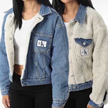  Calvin Klein - Veste Jean Polaire Réversible Femme Crop 9349 Denim Blanc