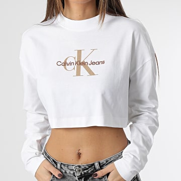  Calvin Klein - Tee Shirt Manches Longues Crop Femme 0950 Blanc