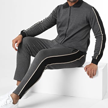Frilivin - Set pantaloni da jogging e giacca con zip a righe BM1692 Grigio antracite Beige