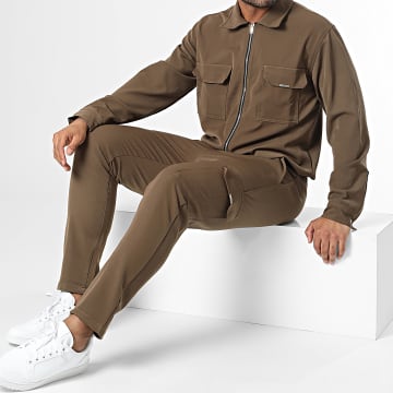 Frilivin - Set giacca con zip e pantaloni cargo marrone