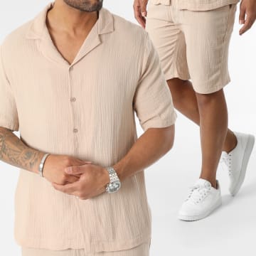 Frilivin - Conjunto de camisa de manga corta y pantalón corto Beige