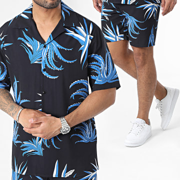 Classic Series - Set di camicia a maniche corte e pantaloncini da jogging in nero e blu con motivi floreali