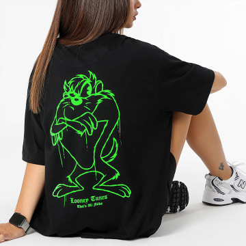 Looney Tunes - Maglietta oversize da donna Angry Taz di grandi dimensioni in nero verde fluorescente