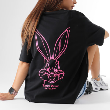  Looney Tunes - Tee Shirt Oversize Large Femme Angry Bugs Bunny Noir Rose Fluo