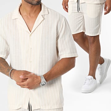  KZR - Ensemble Chemise Manches Courtes Et Short Jogging Beige Blanc