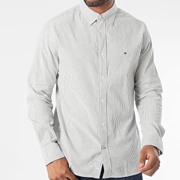 Tommy Hilfiger - 1985 Flex Oxford Stripe Camisa Manga Larga 0935 Blanco Verde Caqui