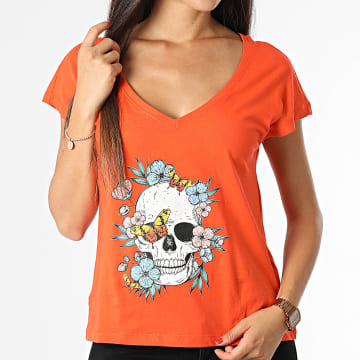 Only - T-shirt donna con scollo a V Chelsy Skull Arancione
