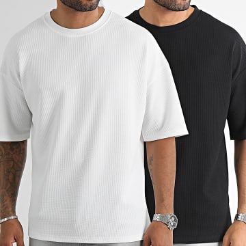 LBO - Set di 2 magliette con texture waffle grandi 0420 nero bianco