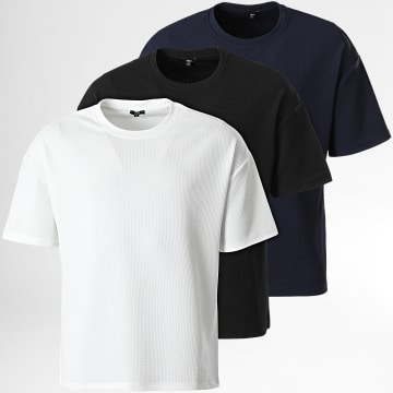 LBO - Lot De 3 Tee Shirt Texturé Waffle Large 0422 Noir Bleu Marine Blanc