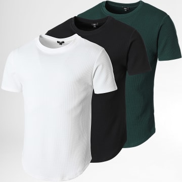 LBO - Lote de 3 camisetas texturizadas Waffle 0430 Negro Verde Botella Blanco