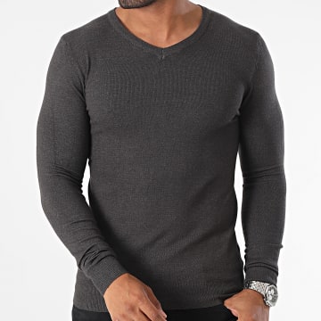 KZR - Pull Col V Gris Anthracite Chiné