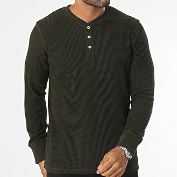  Produkt - Tee Shirt Manches Longues Col V Nolan Henley Vert Kaki Foncé