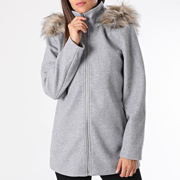 Only - Nuova giacca Erica da donna con cappuccio e zip in pelliccia grigio erica