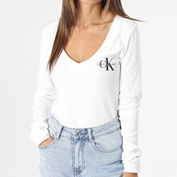 Calvin Klein - Tee Shirt Manches Longues Col V Femme 2023 Blanc