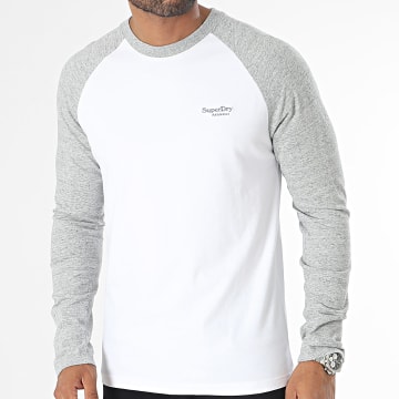 Superdry - Camiseta Raglan Essential Logo Béisbol Blanco Gris Moteado