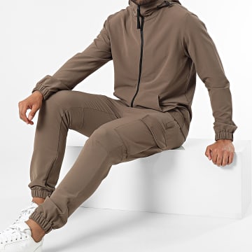 Classic Series - Set giacca con zip e pantaloni cargo marrone con cappuccio