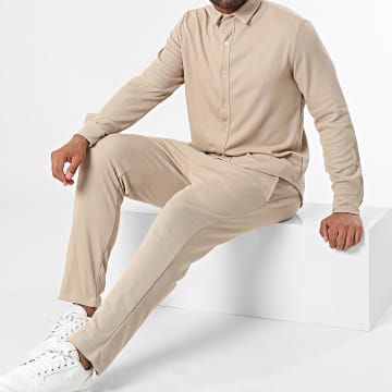 KZR - Conjunto de camisa de manga larga y pantalón de chándal beige